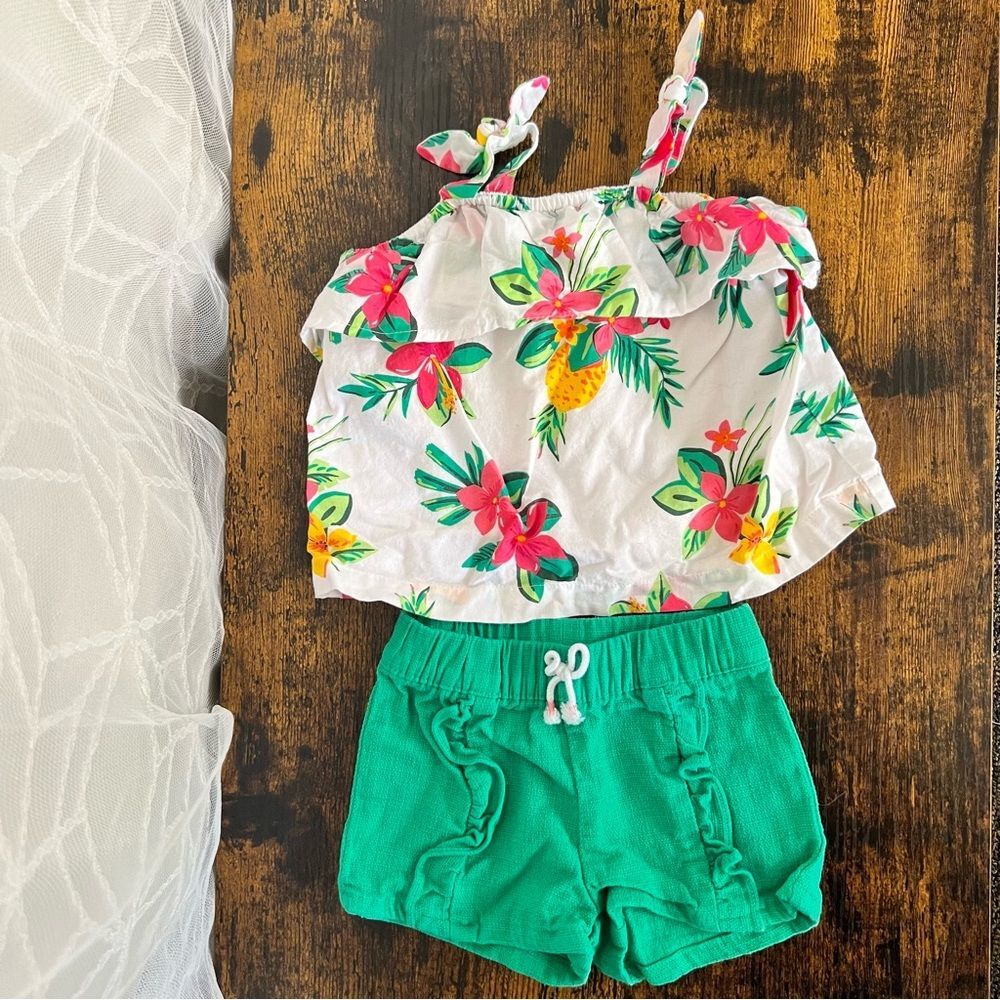 Carter's White Floral Pineapple Tank & Green Shorts Set